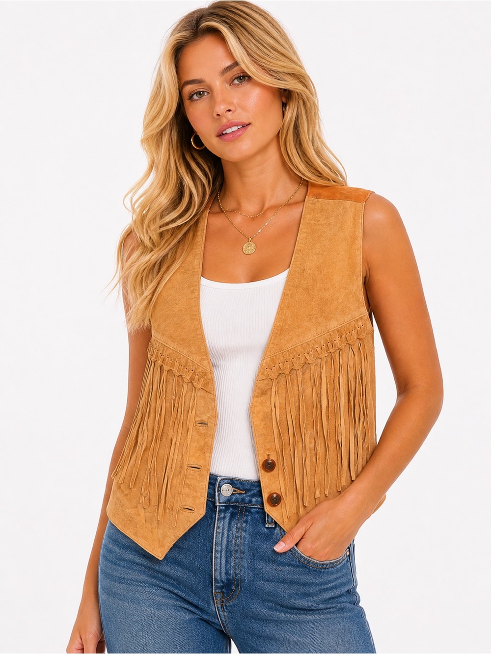 NWT Desperado 100% Leather Size Small Fringed Suede Vest - Tan Women's Jacket
